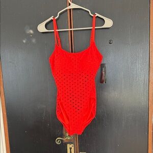 Carmen Marc Valvo Bright Red Crochet One-Piece Swimsuit